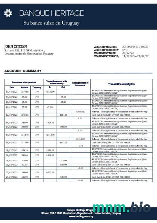 Wyciąg bankowy Uruguay Banque Heritage, szablon Excel i PDF